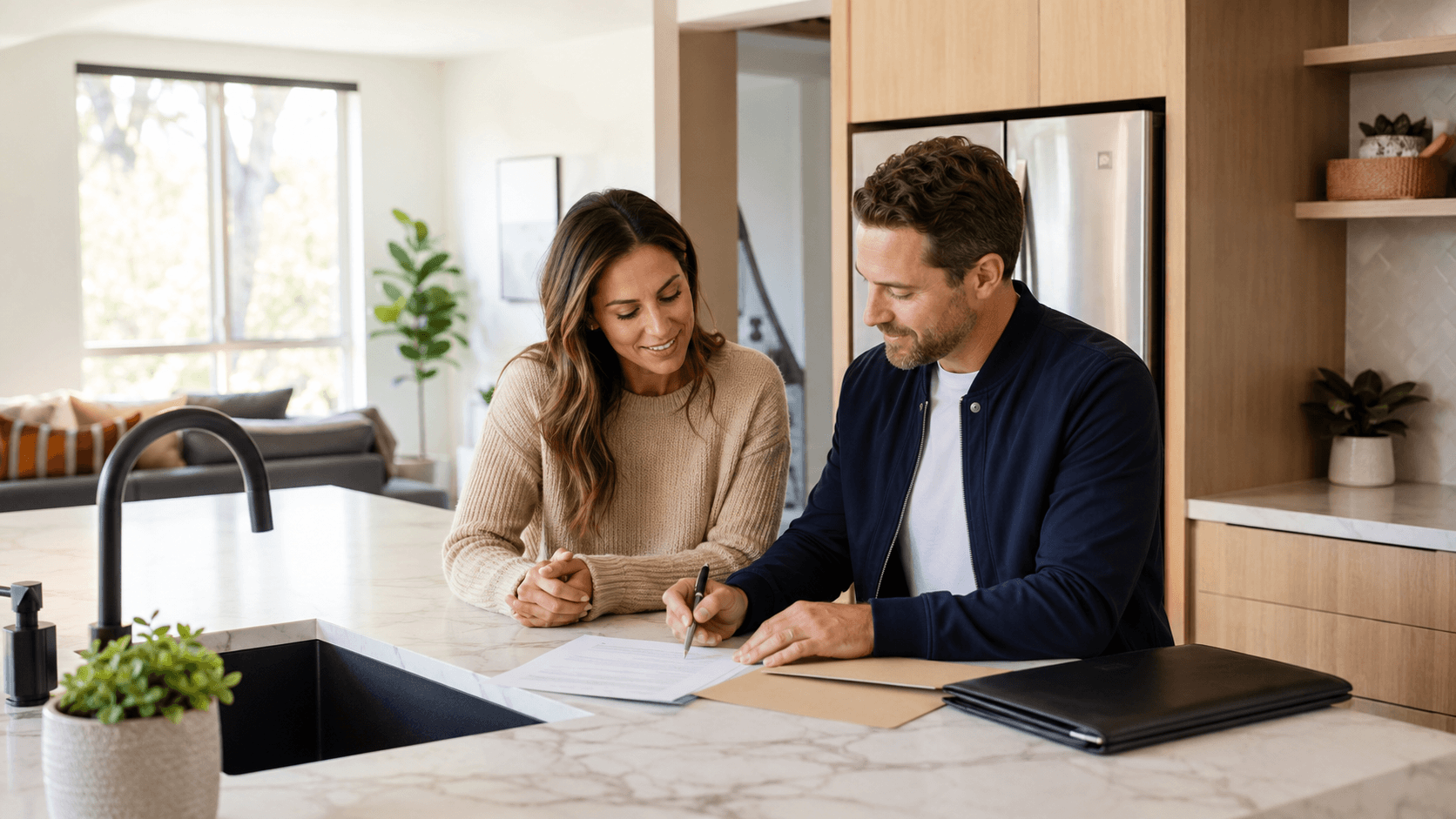 Property manager and tenant reviewing lease documents